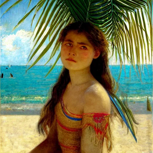 Image similar to a ultradetailed beautiful painting of a girl in the amazonas palace designed by jules bastien - lepage, hans belmer, frank weston and gustave baumann, beach, trending on artstation, mediterranean, palm trees, refracted color sparkles, sharp focus, soft light, 8 k 4 k