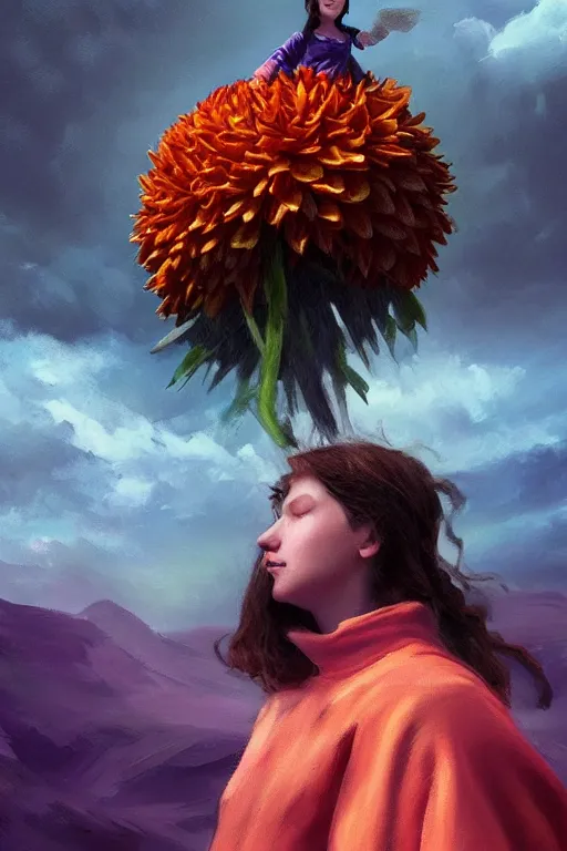 Image similar to closeup giant dahlia flower under head, girl standing on mountain, surreal photography, blue storm clouds, dramatic light, impressionist painting, digital painting, artstation, simon stalenhag