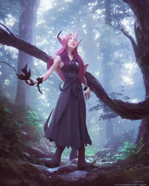 Image similar to an elven girl with a big skunk tail standing in the forest, atmospheric lighting. By Makoto Shinkai, Stanley Artgerm Lau, WLOP, Rossdraws, James Jean, Andrei Riabovitchev, Marc Simonetti, krenz cushart, Sakimichan, D&D trending on ArtStation, digital art.