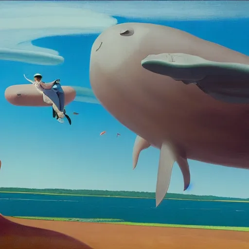 Prompt: Giant manatees fly through the air, as a tornado approaches, by Takashi Murakami, Edward Hopper, Bo Bartlett, and Cynthia Sheppard, Artstation