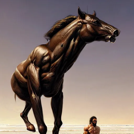 Prompt: portrait of a muscular half man half horse mutant creature on the beach,digital art,ultra realistic,ultra detailed,art by greg rutkowski,hyperdetailed,anthropomorphic,photorealistic,trending on artstation,deviantart,SFW