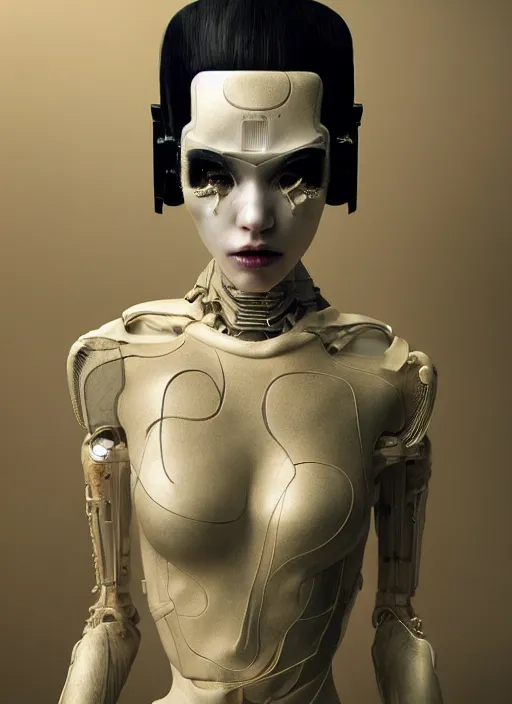 Image similar to portrait of a futuristic geisha cyborg, in the style of ghost in the shell, kintsugi, modern fine art, fractal, intricate, elegant, highly detailed, digital photography, subsurface scattering, by jheronimus bosch and h r giger and greg rutkowski,