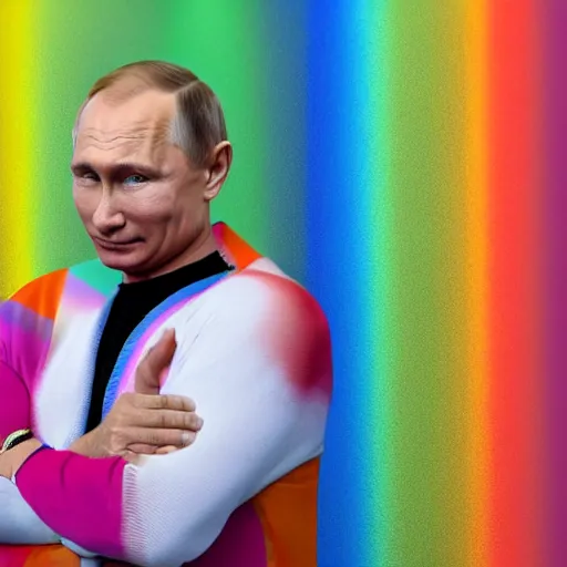 Image similar to Vladimir Putin wearing rainbow suit, Gay pride, rainbow flags, Professional Photography, Photorealistic