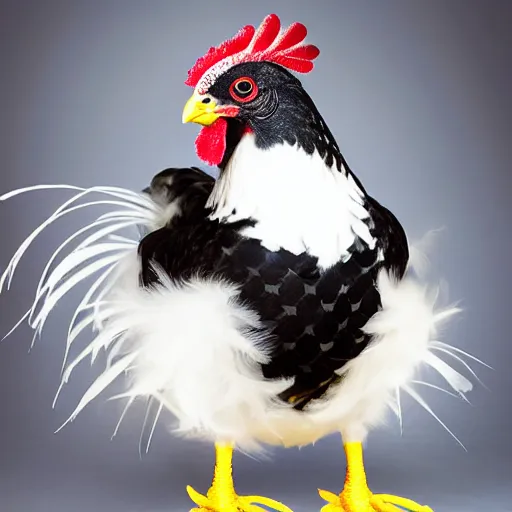 Image similar to cute!! barred Plymouth Rock chicken, studio!! lighting, white feathers in the shape of small hearts!!