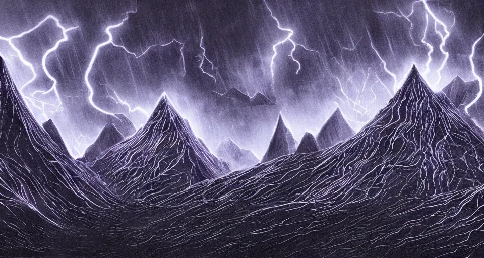 Image similar to black lovecraftian eldritch!! obsidian covered in etching pyramid!! purple light beams on a snowy mountain, being found by explorers, snowy, windy, by eugene von guerard, ivan shishkin, night, lightning!!, storm!, dramatic lighting, concept art, trending on artstation, 8 k