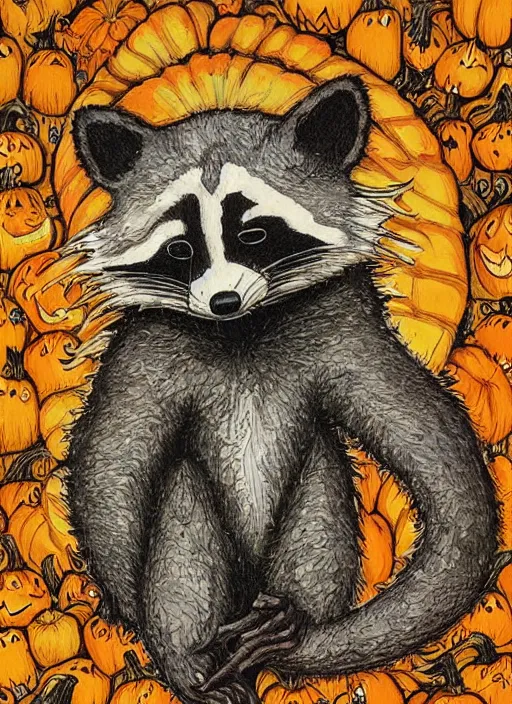 Image similar to halloween pumpkin in the shape of a raccoon by Rebecca Guay art, high quality, highly detailed,