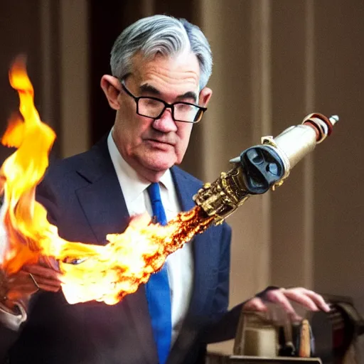 Image similar to photo of Jerome Powell using a flamethrower, highly-detailed, award-winning