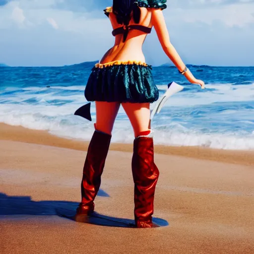 Prompt: photograph of a cute girl cosplaying as Nami from One Piece standing on a beach, cosplay, photo by Mert and Marcus