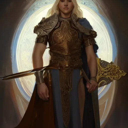 Image similar to portrait of an aasimar paladin blond young man with amber eyes wielding his flaming blade, he has angelical wings strong, sofisticated, fantasy, highly detailed, digital painting, artstation, concept art, character art, art by greg rutkowski and tyler jacobson and alphonse mucha