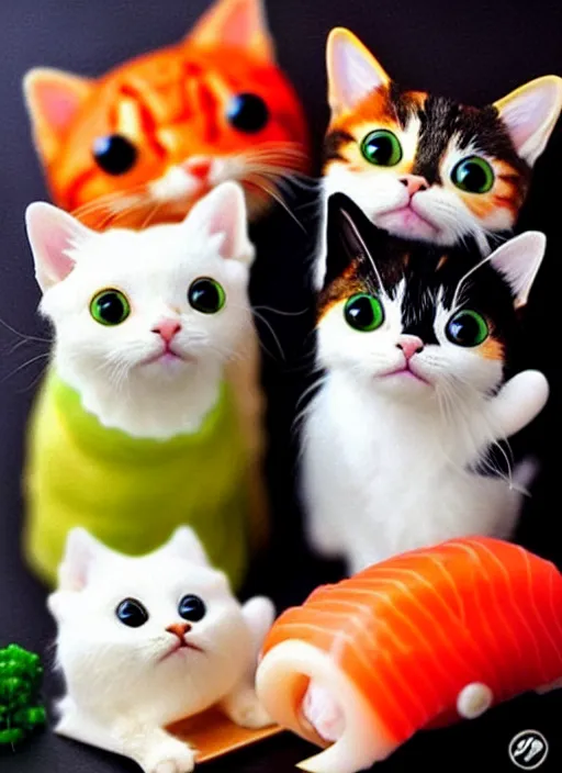 Image similar to clear photorealistic picture of adorable cats made out of sushi