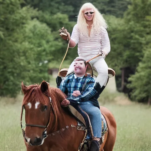 Image similar to matty matheson blonde hair riding a horse over the moon, photograph