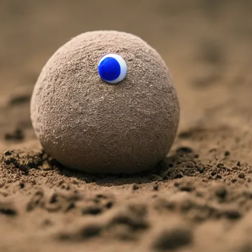 Image similar to photo of a small round creature made of dirt with round blue eyes and a round clown nose and a cute smile