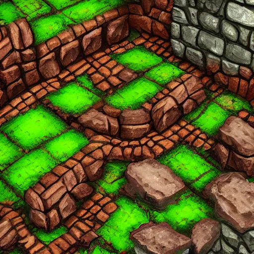 Prompt: digital hand painted dungeon rock brick with moss tile textures, digital art, fantasy, behance, pinterest, deviantart, artstation, design, rpg, detailed, digital art, incredible, digital painting