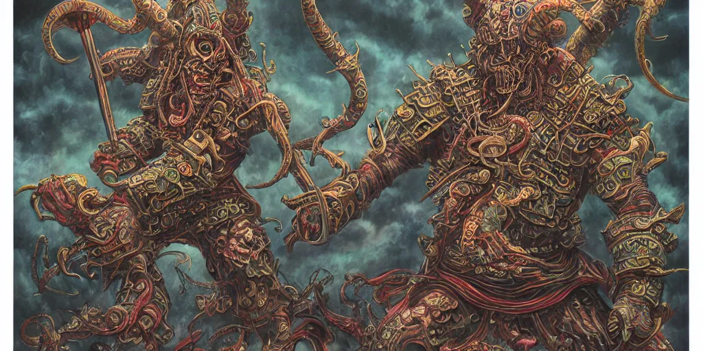 Image similar to rainbow paper + tarot card + Giant Muscular Cthulhu wearing Samurai outfit, vintage detailed fantasy illustration painted by Dan Witz, Artgerm, Eldritch, John Howe + intricate ink illustration, ornate, highly detailed + digital painting + 4k + HDR + concept art, smooth, sharp focus, psychedelic black light style + symmetry + bloodborne + trending on artstation