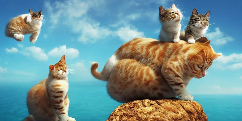 Image similar to Floating cats that look like Elton John over a blue ocean, Darek Zabrocki, Karlkka, Jayison Devadas, Phuoc Quan, trending on Artstation, 8K, ultra wide angle, pincushion lens effect.