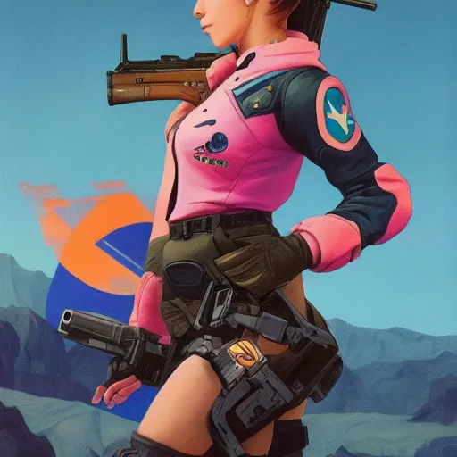 Image similar to d. va from overwatch holding ak 4 7 rifle, ektachrome bomber jacket, frank frazetta style