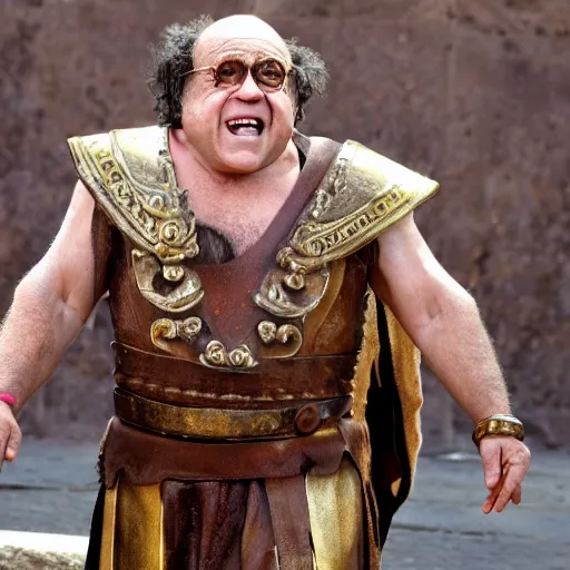 Image similar to Danny DeVito dressed as a gladiator in the streets of Ancient Rome