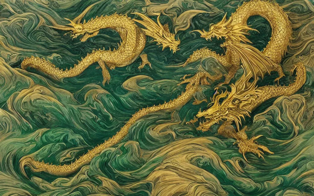 Prompt: green dragon overseeing a large gold mountain, view from above, detailed art