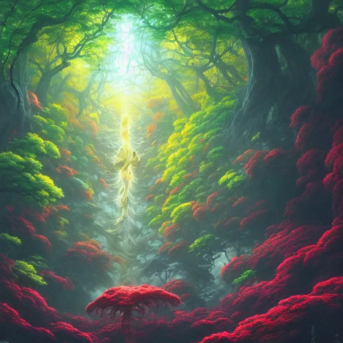 Image similar to Japan Lush Forest, official anime key media, Iwakura Lain, LSD Dream Emulator, paranoiascape ps1, official anime key media, painting by Vladimir Volegov, beksinski and dan mumford, giygas, technological rings, johfra bosschart, Leviathan awakening from Japan in a Radially Symmetric Alien Megastructure turbulent bismuth glitchart, Atmospheric Cinematic Environmental & Architectural Design Concept Art by Tom Bagshaw Jana Schirmer Jared Exposure to Cyannic Energy, Darksouls Concept art by Finnian Macmanus