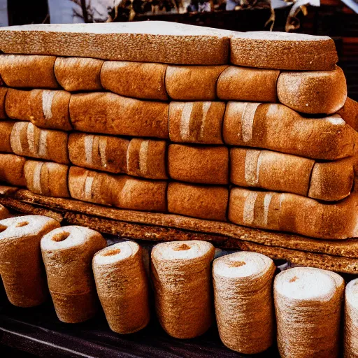 Prompt: a photo of a fort made entirely out of bread, 4k, bokeh