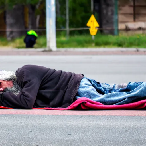 Prompt: homeless man sleep near the busy road, sigma sports 1 5 0 - 6 0 0 mm f 5 - 6. 3 dg os hsm