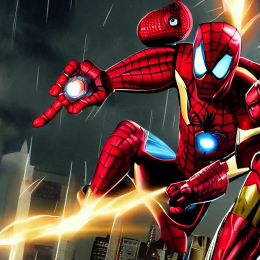 Image similar to iron man fighting versus spiderman in mortal combat