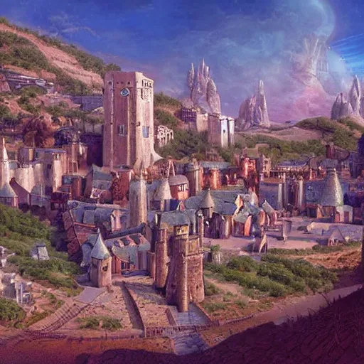Image similar to a medieval village next to a space port. used future aesthetic. digital matte painting by james gurney and david mattingly.