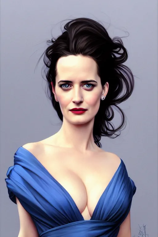 Image similar to eva green in a blue dress, realistic portrait, symmetrical, highly detailed, digital painting, artstation, concept art, smooth, sharp focus, illustration, cinematic lighting, art by artgerm and greg rutkowski and alphonse mucha