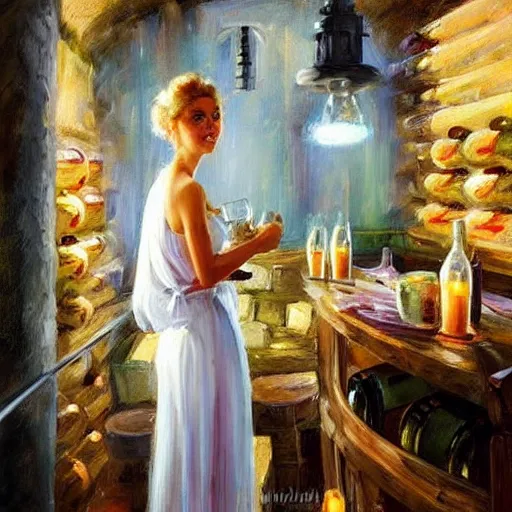 Image similar to wine cellar full of food, torches on the wall, schnapps!, romantic, inviting, cozy, blonde! woman, painting Vladimir Volegov