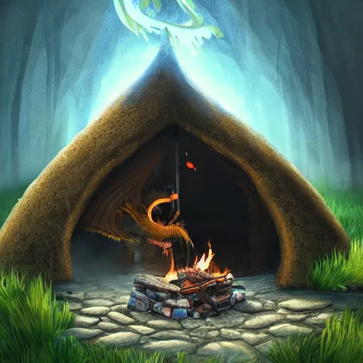 Image similar to A dragon native living in a small clay hut near a campfire, extremely stunning and detailed digital painting, cinematic, 8k, dreamy, immersive