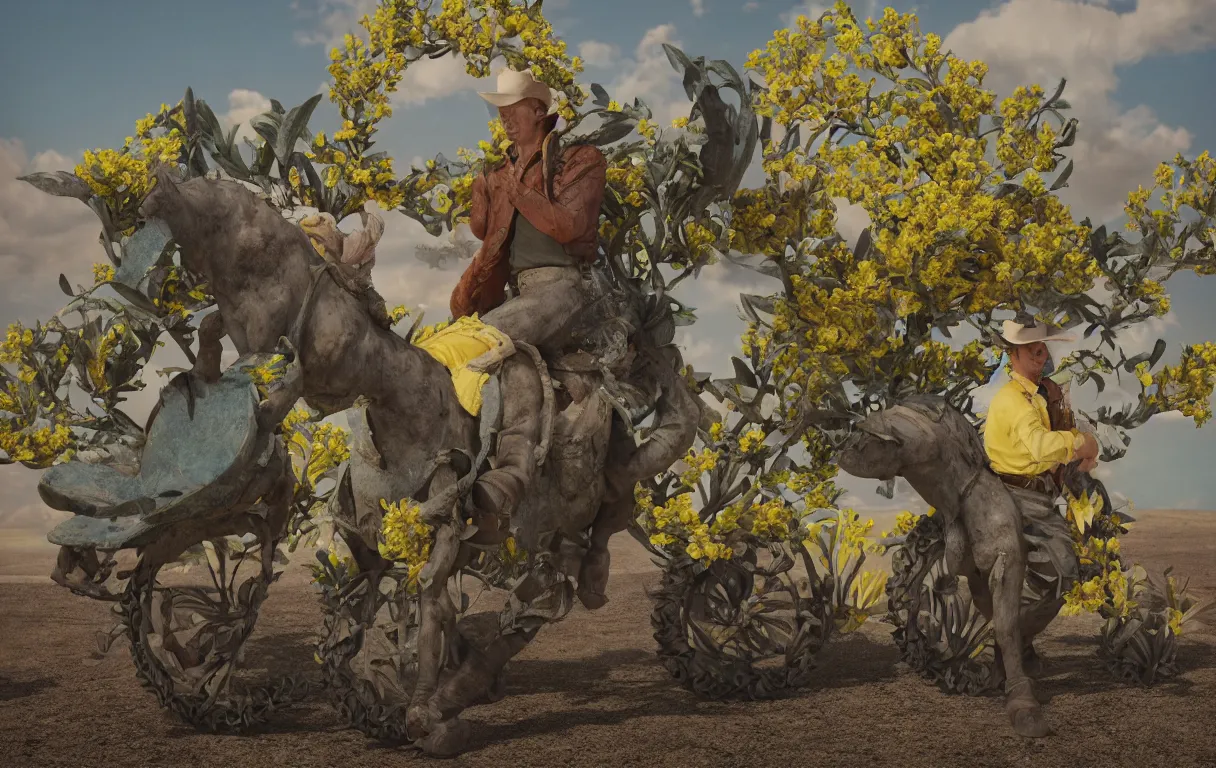 Image similar to a cowboy turning into blooms. tropical sea slugs, tractor tires. complementary colors. national geographic. 8 k, rendered in octane, smooth gradients. sculpture by antonio canova