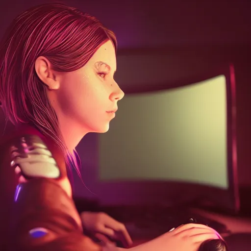 Image similar to gamer girl playing a game on her computer, portrait shot of her face lit up by the monitor, hyperrealistic, 4 k, trending on artstation, octane render, intricate detail, dark atmosphere