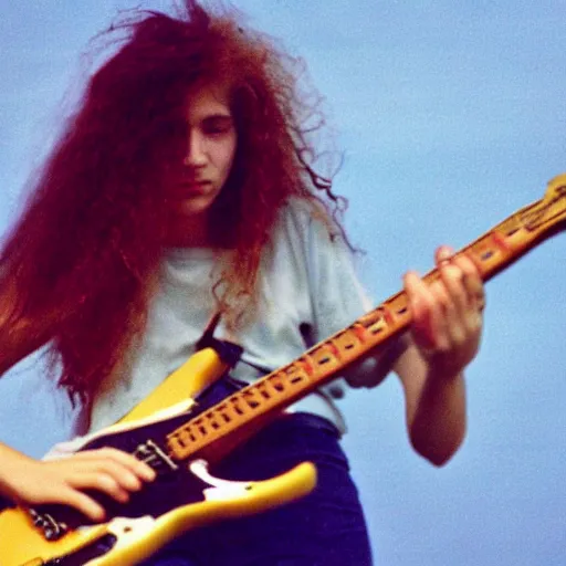 Image similar to 19-year-old woman holding electric guitar, long shaggy red hair, permed hair, stoner rock concert, grunge concert, 1993, VHS quality