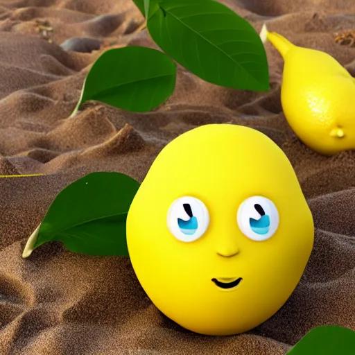 Prompt: a lemon in shape of a human with legs of lemons and round body, arms of lemons, on a beach, very realistic, high quality, volumetric light