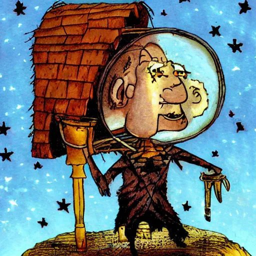 Prompt: baba yaga flying in a mortar through the night sky