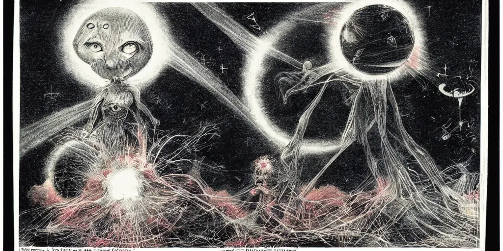 Image similar to dawn of creation; first atom; beings of light and darkness; ethereal plane. Bright neon colors. illustrated by maurice sendak and Stephen Gammell