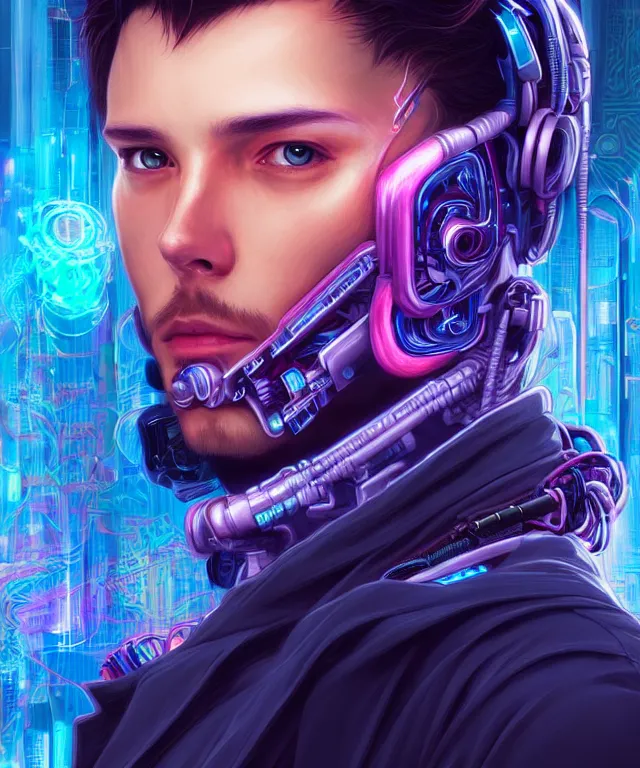 Prompt: a man wearing netrunner clothing, extremely detailed face, cyberpunk, cybernetic, cyborg, vaporwave aesthetic, synthwave, flowing hair, colorful, psychedelic, intricate, elegant, highly detailed, digital painting, artstation, concept art, smooth, sharp focus, illustration, art by artgerm and greg rutkowski and alphonse mucha