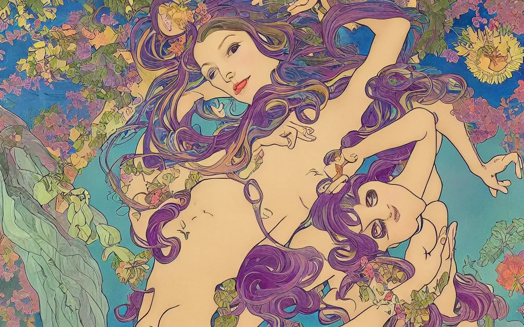 Image similar to i dream a dirty dream of you baby you're crawling on the bathroom floor in the style of lisa frank and alfons mucha