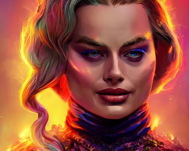 Image similar to margot robbie as a beautiful magician casting colorful spells, fantasy art, in the style of Fernando Juarez, illustration, epic art, fantasy, intricate, elgant, amazing detail, digital painting, artstation, concept art, smooth, sharp focus