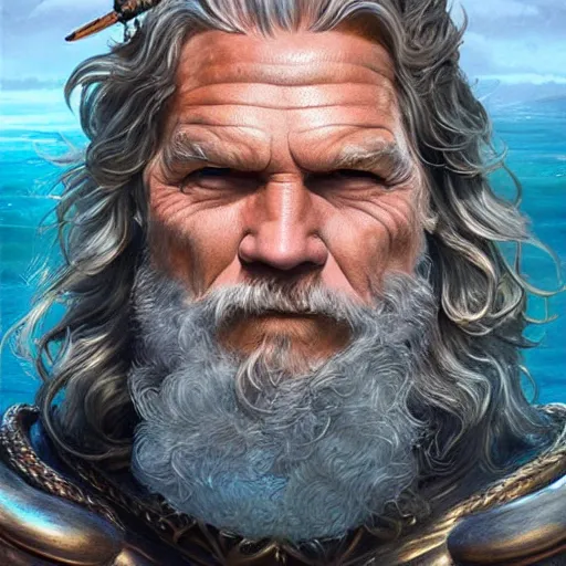 Image similar to poseidon, jeff bridges, god of the ocean, D&D, fantasy, portrait, highly detailed, digital painting, trending on artstation, concept art, sharp focus, illustration, art by artgerm and greg rutkowski and magali villeneuve