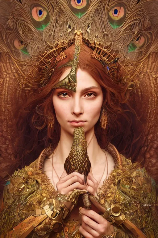 Prompt: a portrait of a anthropomorphic peacock warrior goddess, D&D, fantasy, intricate, highly detailed, digital painting, artstation, concept art, smooth, sharp focus, illustration, art by artgerm and greg rutkowski and alphonse mucha