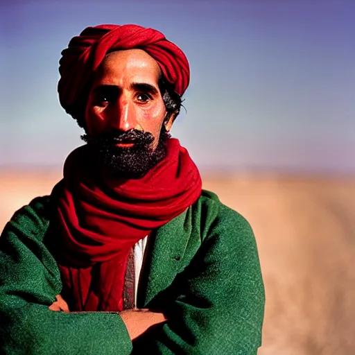 Image similar to portrait of george washington as afghan man, green eyes and red scarf looking intently, photograph by steve mccurry