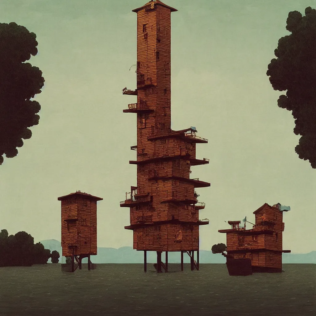 Image similar to single flooded simple wooden tower, very coherent and colorful high contrast!! masterpiece by rene magritte simon stalenhag carl spitzweg syd mead norman rockwell edward hopper james gilleard, minimalist, dark shadows, sunny day, hard lighting