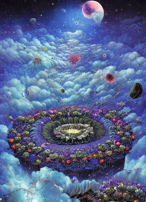 Image similar to detailed, intricate blue black and purple papaverum flower on the field, nebula, galaxy in the sky, winning award masterpiece, fantastically beautiful, illustration, aestheticly inspired, jacek yerka, upscale with anguissola sofonisba work, artstation, 8 k