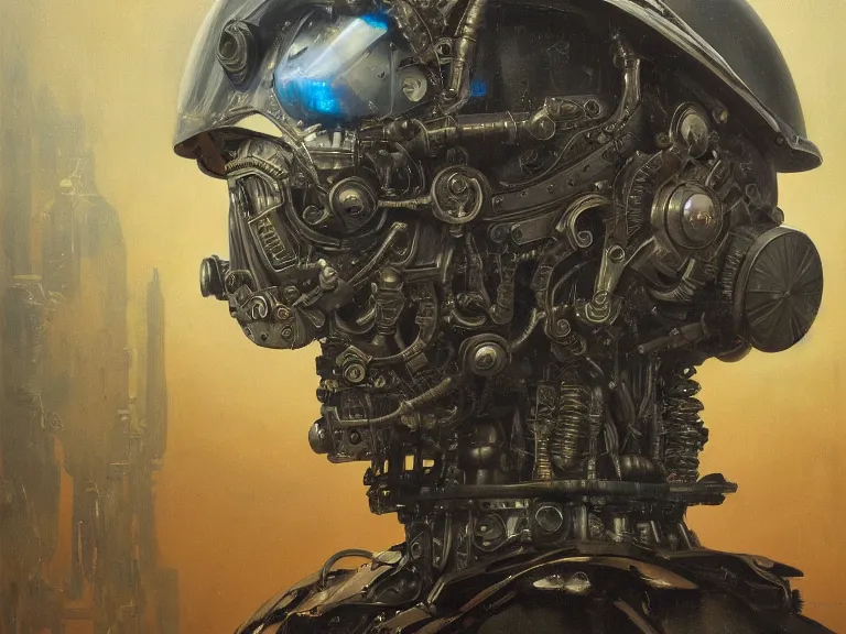 Image similar to a detailed profile oil painting of a dieselpunk humanoid robot with reflective visor, flight suit, portrait symmetrical and science fiction dieselpunk theme with aurora lighting by beksinski carl spitzweg and tuomas korpi. baroque elements, full-length view. baroque element. intricate artwork by caravaggio. Trending on artstation. 8k