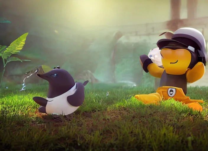 Image similar to a realistic photograph of Beemo from adventure time playing with a penguin, photorealistic, CryEngine, rendered in octane, Unreal 3D, Artstation