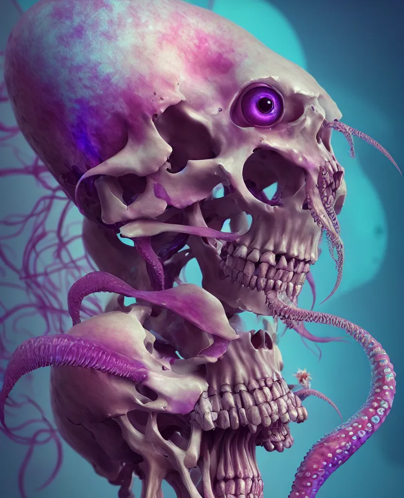 Image similar to goddess close - up portrait human skeleton, ram skull, squid phoenix jellyfish, orchid, betta fish, bioluminiscent, intricate artwork by tooth wu and wlop and beeple. octane render, trending on artstation, greg rutkowski very coherent symmetrical artwork. cinematic, hyper realism, high detail, octane render, 8 k