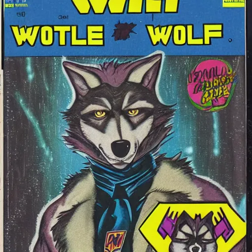 Prompt: 1 9 8 0 s comic book cover scan featuring a portrait of villain male wolf o'donnell anthropomorphic wolf furry fursona from starfox wearing a dark leather space mercenary uniform, fluffy eyebrows, dark grey wolf, wolf o'donnell, magazine scan, 1 9 8 0 s artwork scan