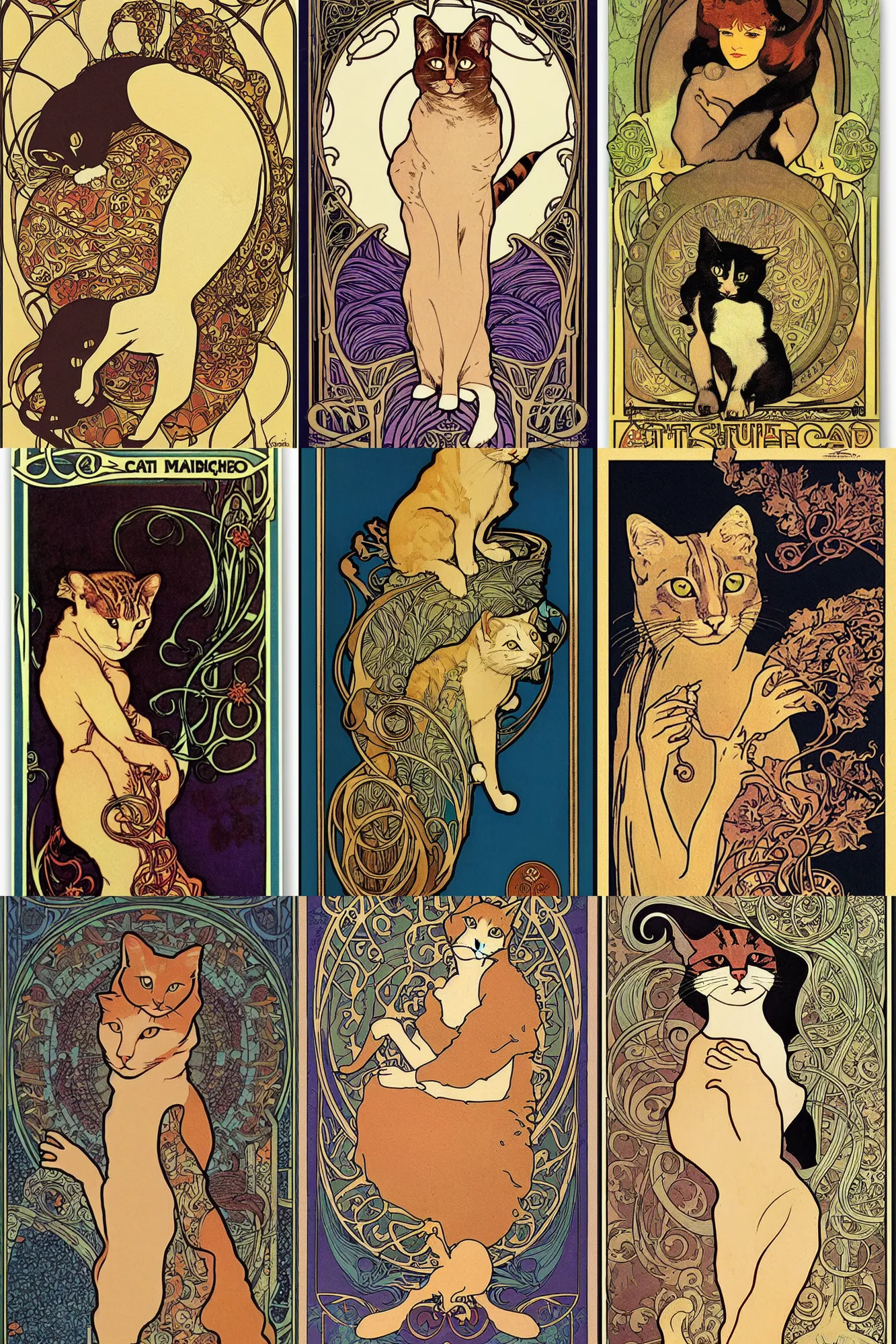 Prompt: Poster illustration of a cat, Art Nouveau by Mucha