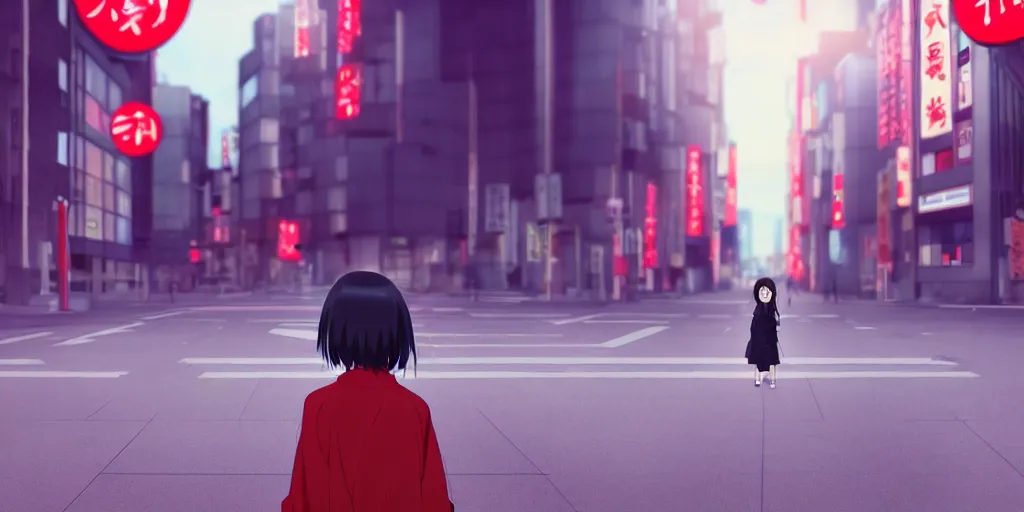 Image similar to a beautiful anime girl with black long hair wearing japanese uniform high school waiting for crosswalk under the red light, tokyo city background, makoto shinkai style, anime style digital art, 8 k